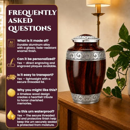 Set of 2 Wood-Grain Urn for Adult Human Ashes Adult Male & Female – Includes 1 Large Hand-Engraved Adult Urn with 1 Memorial Necklace - color: Wooden Grain - Single Urn