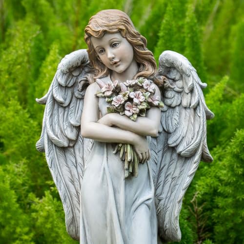 Grace4Joy Garden Angel Statue Outdoor Decor - 19.3 Inches Guardian Angel Resin Figurine with Flowers, Hand Painted Religious,Fairy Sculpture for Home Yard Patio Lawn Hallway