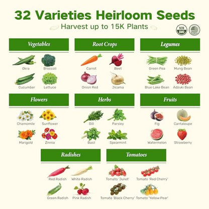 Lush&Dew Raised Garden Bed Heirloom Seed Bank, 32 Type 30000+ Non-GMO Seeds - style: Raised Garden Beds