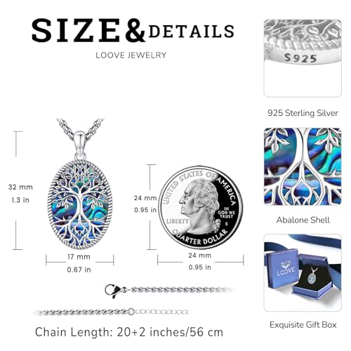 Sterling Silver Tree of Life Necklace for Women Oval Family Tree Necklace Abalone Shell Moonstone Pendant Mother Day Necklace for Mom Tree of Life Jewelry - style: Tree of Life