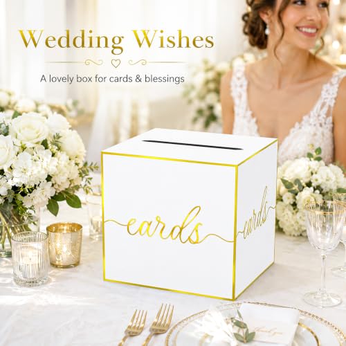 White and Gold Foil Card Box for Wedding, Bridal Shower and Anniversary | Collect Cards and Envelopes in One Place with an 8.7 Inch Cube, Wide Top Slot and Elegant White Gold Foil Design - color: White Gold