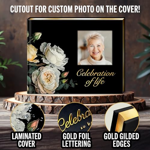 Celebration of Life Guest Book for Funeral or Memorial 9"x7", Hardcover Cardboard Floral Remembrance Book w/Sign In Poster, Gold Foil, Photo Window, Memory Keepsake for Loved Ones, Black & White Roses