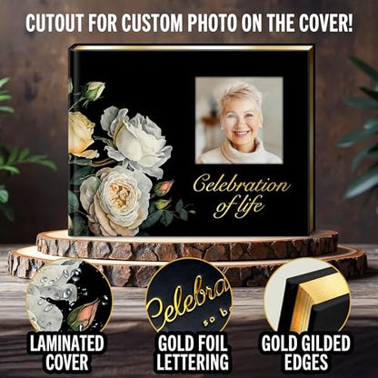 Celebration of Life Guest Book for Funeral or Memorial 9"x7", Hardcover Cardboard Floral Remembrance Book w/Sign In Poster, Gold Foil, Photo Window, Memory Keepsake for Loved Ones, Black & White Roses