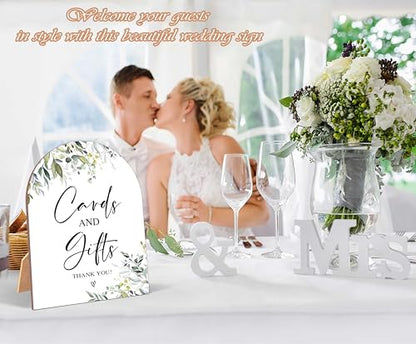 Greenery Cards and Gifts Sign, Wedding Ceremony Signs, 6 x 8 Inch Arch Wooden Tabletop Sign with Stand, Wedding Reception Decoration Supplies (PZ01) - color: Cards and Gifts