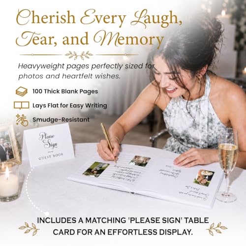 Wedding Guest Book, 100 Blank Pages, 9×7" Gold Foil Hardcover - color: White