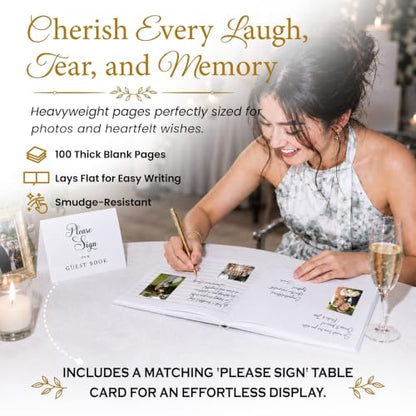 Wedding Guest Book, 100 Blank Pages, 9×7" Gold Foil Hardcover - color: White