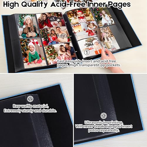 Aevdor Large Capacity 4x6 Photo Album, 1000 Photos, Linen Cover, Blue | Black Inner Pages, 3 Horizontal and 2 Vertical Pockets per Side, Front Photo Window, Family, Wedding & Travel Memories - color: Linen Blue