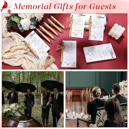 100 Set Memorial Funeral Favors Include Cardinal Prayer Cards and Bamboo Ballpoint Pens Funeral Pocket Token for Guest Sympathy Remembrance Gifts for Loss of Loved One