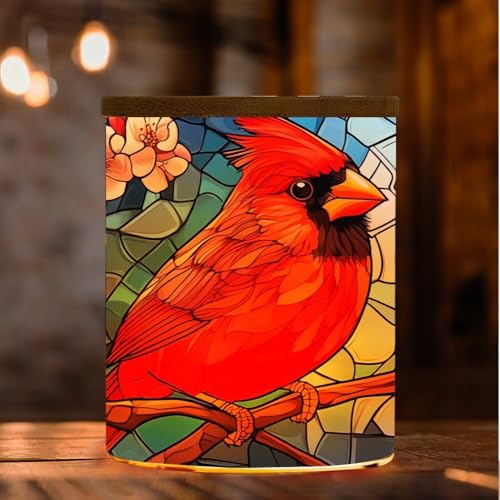 Cardinal Stained Glass Tea Light Holder for Home Decoration, Pink Flower Tealight Candle Holders with Bamboo Lid, Cardinal Bird Votive Candle Jar Memorial Glass Candlesticks - 3.5"x2.8" - color: Cardinal