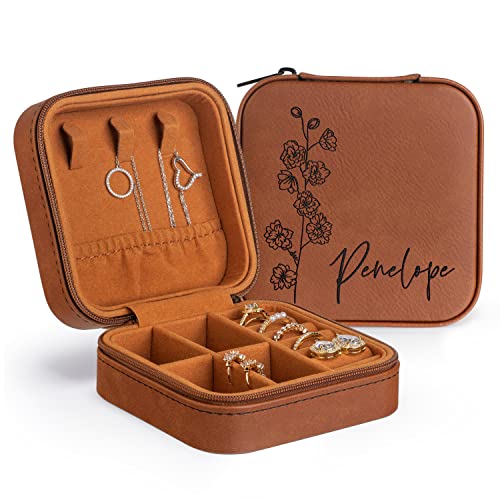 Custom Leather Jewelry Box w/Name & Birth Flower Month - Birthday Gifts for Women, Personalized Jewelry Travel Case - Customized Jewelry Organizer Box, Mom Birthday Gifts - Chestnut - color: Chestnut