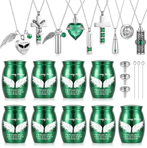 Ecation 18 Pcs Small Cremation Urns and Ashes Necklace Set, Green - color: Green