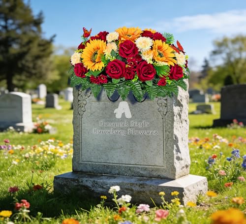 Artificial Headstone Flower Saddle,Cemetery Flowers,Memorial Flowers,Beautiful Arrangements-Silk Daisy Rose Sunflower Chrysanthemum