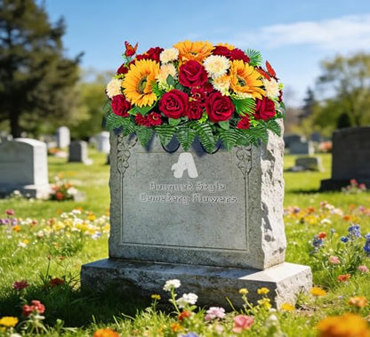 Artificial Headstone Flower Saddle,Cemetery Flowers,Memorial Flowers,Beautiful Arrangements-Silk Daisy Rose Sunflower Chrysanthemum