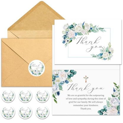 25 Funeral Thank You Cards with Envelopes, Messages Inside, 4×6 In | Floral Watercolor Cross Designs, Bereavement Sympathy Thank You Cards,Matching Stickers,for Funeral Family Friends Loved Ones
