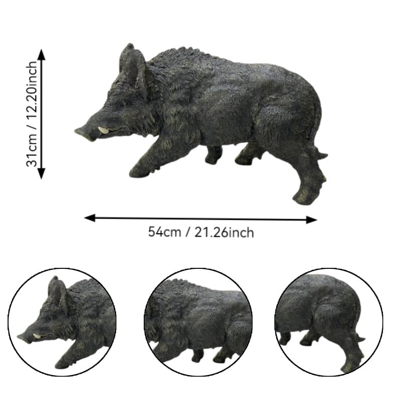 Wild Boar Statue, 21.26 in Dark Bronze-Tone Resin Garden Sculpture | Textured coat and visible tusks; low forward-moving pose for patios, lawns, woodland displays, hunters, and wildlife fans - color: Wild Boar