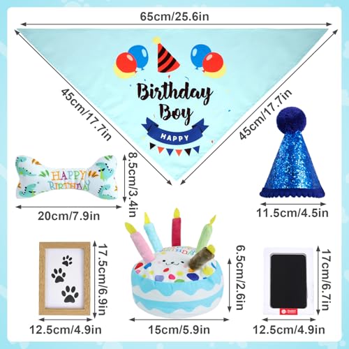Dog Birthday Toy Set, Dog Squeaky Toys, Includes Squeaky Cake Toy, Plush Bones, Birthday Hats, Bandana, Paw Print Kit & Photo Frame. Pet Gift Supplies, Blue - color: Blue