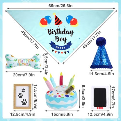 Dog Birthday Toy Set, Dog Squeaky Toys, Includes Squeaky Cake Toy, Plush Bones, Birthday Hats, Bandana, Paw Print Kit & Photo Frame. Pet Gift Supplies, Blue - color: Blue