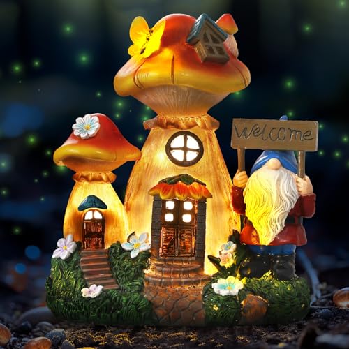 Json Solar Garden Statue Lights Mushroom Fairy House Figurine, Outdoor Memorial Garden Ornaments Waterproof Decoration for Fairy Garden,Outside Patio Yard Lawn Pathway Decor - color: Mushroom