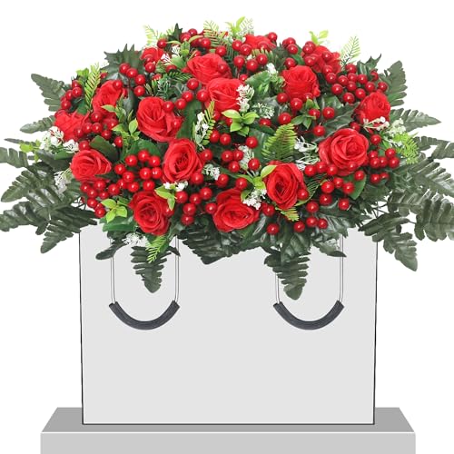 Christmas Artificial Cemetery Flowers,Artificial Cemetery Flowers Saddle for Outdoor Gravesite Tombstone Decorations,Roses and Artificial Red Berries Stems Ornaments