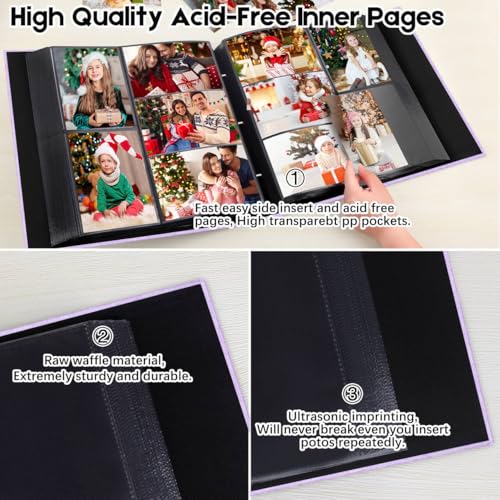 Aevdor Large Capacity 4x6 Photo Album, 1000 Photos, Linen Cover, Purple | Black Inner Pages, 3 Horizontal and 2 Vertical Pockets per Side, Front Photo Window, Family, Wedding & Travel Memories - color: Linen Purple