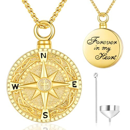 Aniu S925 Sterling Silver Urn Necklace Cremation Jewelry for Ashes - color: Gold - Compass - A