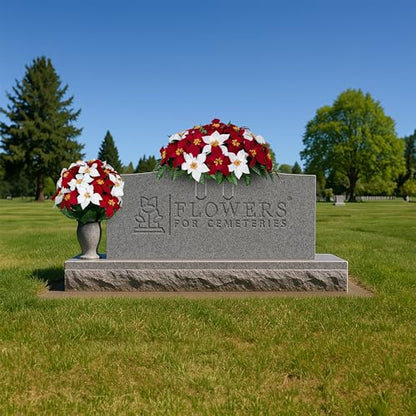 Artificial Cemetery Flowers - Gravesite Memorial Arrangment - Red & White Poinsettia - (1) Saddle (1) Bouquet - color: Red & White, size: (1) Saddle (1) Bouquet