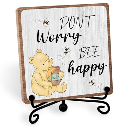 Inspirational Winnie Gifts for Women Men, Motivational Quotes Tabletop Sign | Winnie Decor for Friend Bestie Coworker, Positive Wooden Plaque with Iron Stand for Office Bedroom Living Room Home Shelf - style: Bee happy