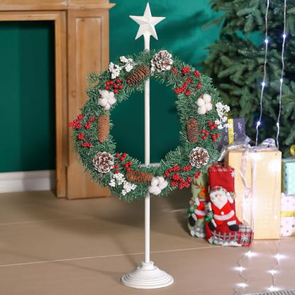 Retro Adjustable Cast Iron Wreath Holder Stands for Display | Free Standing Wreath Holder, Floor Wreath Hanger Stand for Christmas Fireplace Decor, White Star