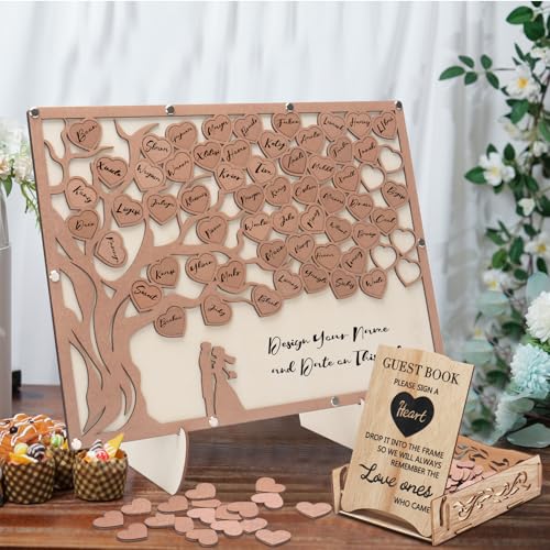 Wedding Guest Book Alternative, Guest Book Wedding Reception with Wooden Hearts Guest Book Signs for Wedding Anniversary Birthday Party Baby Shower - color: Wood
