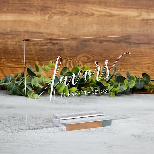 Acrylic Favors Sign for Wedding- 5x 7 Inch Glass Look Clear Favor Sign with Acrylic Stand, Cursive Font Wedding Signage for Reception & Party Event - size: 5" x 7" Favors Sign