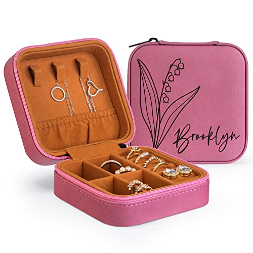Custom Leather Jewelry Box w/Name & Birth Flower Month - Birthday Gifts for Women, Personalized Jewelry Travel Case - Customized Jewelry Organizer Box, Mom Birthday Gifts - Pink - color: Pink