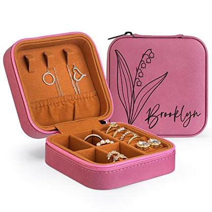 Custom Leather Jewelry Box w/Name & Birth Flower Month - Birthday Gifts for Women, Personalized Jewelry Travel Case - Customized Jewelry Organizer Box, Mom Birthday Gifts - Pink - color: Pink