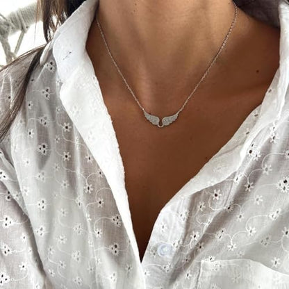 Bow Heart Pendent Pendant Necklace for Women White Crystal Necklace Dainty Silver Plated Necklace Bow Jewelry with Zirconia, Heart Choker Necklaces for Her Gifts - style: Wings Silver
