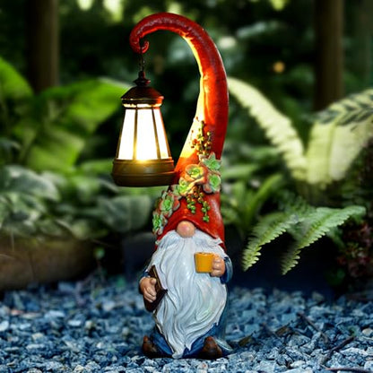 Garden Gnomes Outdoor Statue Solar Powered Gnome Decor - style: Red Hat Gnome 13.39in