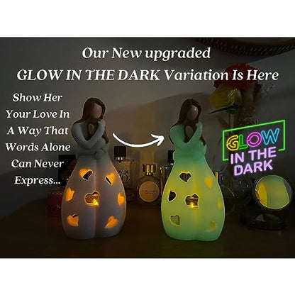Mother-Daughter Glow in The Dark Candle Holder Statue with Flickering LED Candle | Hand-Painted - Unique Gifts for Mother's Day, Christmas, Birthday | Greeting Card Included - color: Mom & Gaughter (Glow-light Brown)