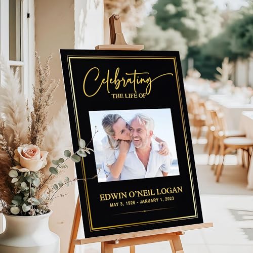 Celebration of Life Funeral Welcome Sign, Memorial Service Poster, In Loving Memory Sign, Editable Printable Template, Black and Gold Celebration of Life Photo Sign - color: Style#15