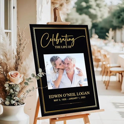 Celebration of Life Funeral Welcome Sign, Memorial Service Poster, In Loving Memory Sign, Editable Printable Template, Black and Gold Celebration of Life Photo Sign - color: Style#15