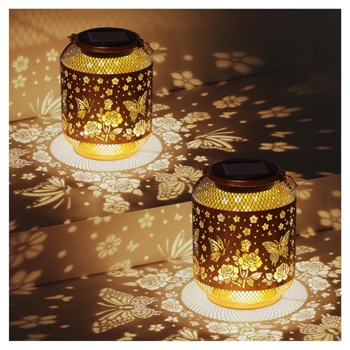 2 Pack Butterfly Solar Lanterns Outdoor Waterproof Rose Garden Decor Gifts for Mom Women Grandma Metal Hanging Solar Lights Outdoor Decoration for Patio,Yard,Porch,Backyard - style: D. 2 Pack Butterfly