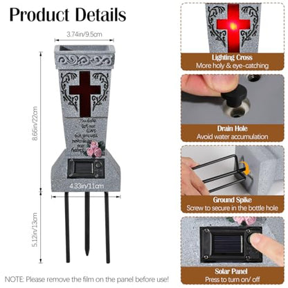 Lewondr Solar Cemetery Vases for Grave, Cross Grave Vases with Spikes | Waterproof Memorial Flower Holder with Solar LED Cross Light,Sympathy Gifts for Loss of Loved One, Gray - color: Gray