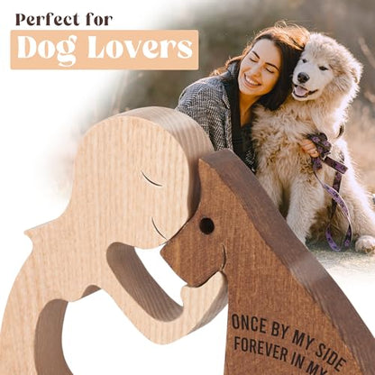 SENSUNIQ Dog Memorial Gifts, Handcrafted Wooden Carving Men and Pet Figura, Once by My Side Forever in My Heart, Sympathy Keepsake for Loss of Pet (Woman with Dog) - color: Woman With Dog