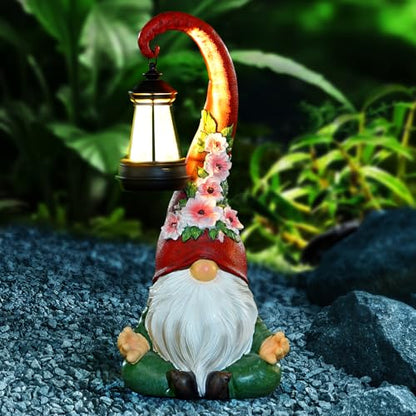 Solar Garden Gnome Statue, 13.1 Inch Zen Gnome with Lantern for Yard Decor - style: Zen Gnomes 13.1in