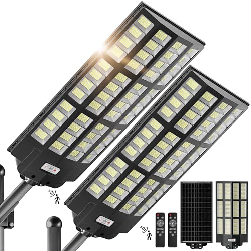 WYWNA 15000W Solar Street Lights Outdoor, 7000K Dusk to Dawn Solar Security Lights with Motion Sensor & Remote Control, IP66 Waterproof Parking Lot Light for Driveway Yard Farm Road - size: 15000