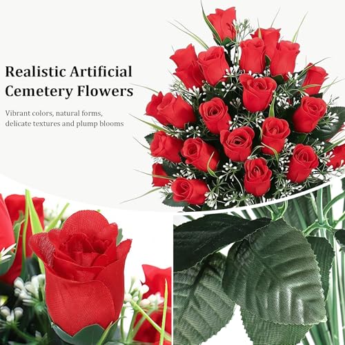 Lewondr Artificial Cemetery Flowers with Vase for Grave, Red Roses, 2 Pack - color: Red