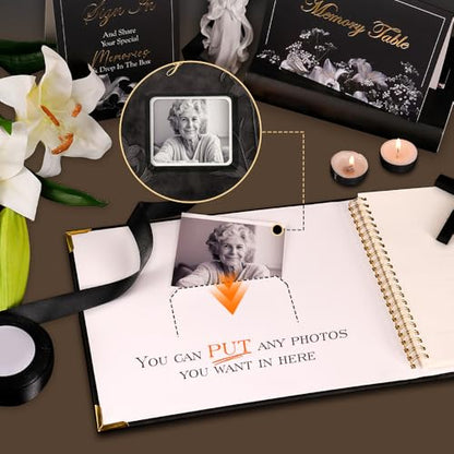 molekaus Funeral Guest Book for Memorial Service 108pages | Celebration of Life Guest Book Set for Funeral Sign in 8.5X10.7in,50 Cards, Table Signs, a Card Box, and a Silver Pen - color: Black