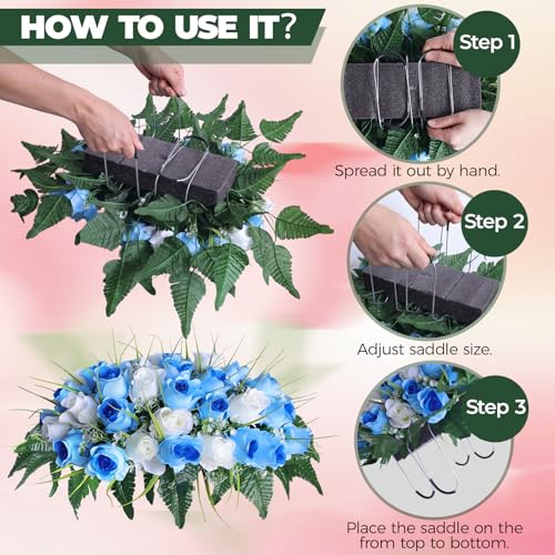3 PCS Artificial Cemetery Flowers for Grave, Headstone Flower Saddle - color: Blue and White