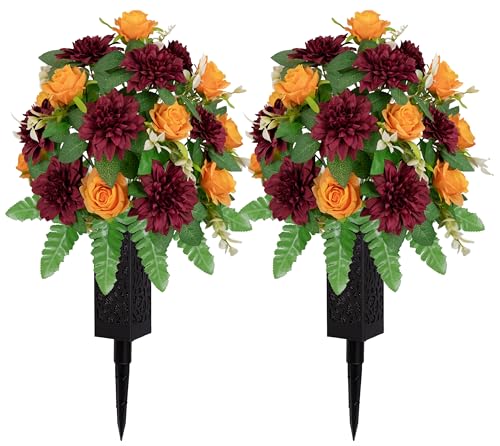 XIAYAN Artificial Cemetery Flowers, Realistic Orange Silk Roses & Wine Red Dahlia - Outdoor Grave Decorations with Non-Bleed Colors, Easy to Install (Orange+Wine Red) - color: Orange+wine Red