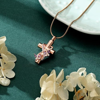 Butterfly Cross Cremation Jewelry Urn Necklaces Stainless Steel Cross Urn Necklaces for Ashes Memorial Keepsake Pendant for Women Gifts With Funnel Kit & Bag - color: Rose+Purple