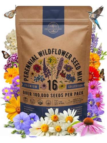 Organo Republic 16 Perennial Wildflower Seeds Mix for Indoor & Outdoors. 100,000+ Non-GMO, Heirloom Wildflower Garden Seeds, 4oz Packet for Growing Wild Flowers to Attract Bees, Butterflies & Birds
