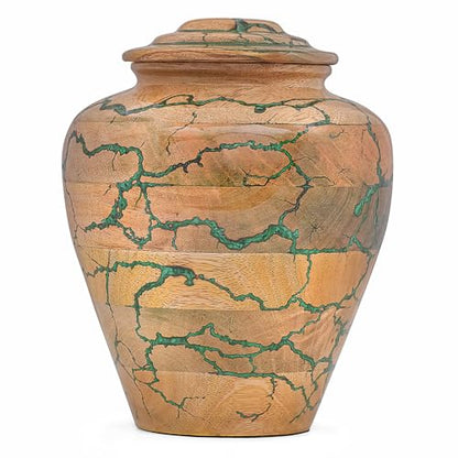 Wooden Cremation Urn for Adult Human Ashes – Handmade Mango Wood Funeral Urn with Green Epoxy Inlay – Large 225 Cu in Memorial Burial Urn Box with Velvet Bag (225 lbs) - size: Large (225 lbs)