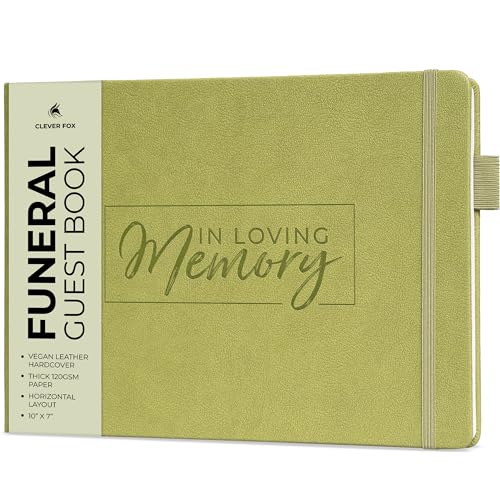Clever Fox Funeral Guest Book for Memorial Service w/Address, Olive | 10x7 in, 120 pages, Eco leather hardcover, Personalized celebration of life guestbook, Memory book & condolence register - color: Olive